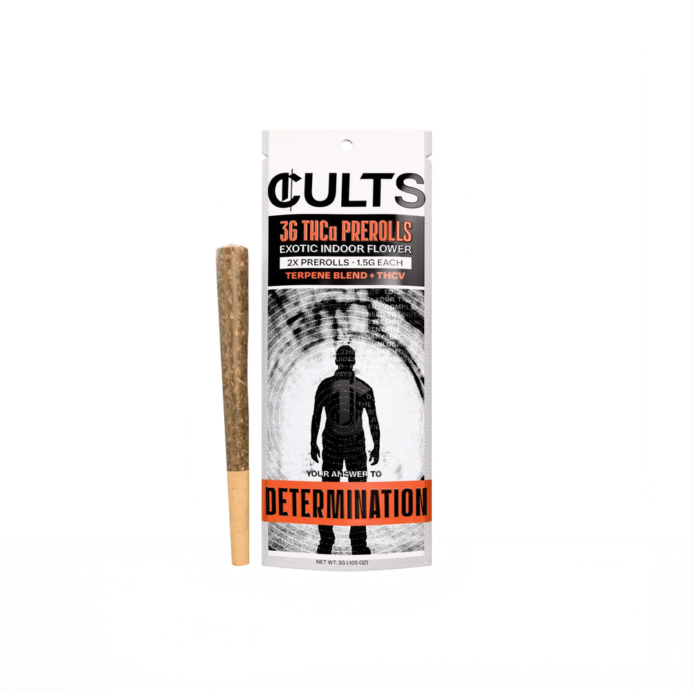 CULTS 3G THCa prerolls 2-pack with Determination branding and one preroll on black background