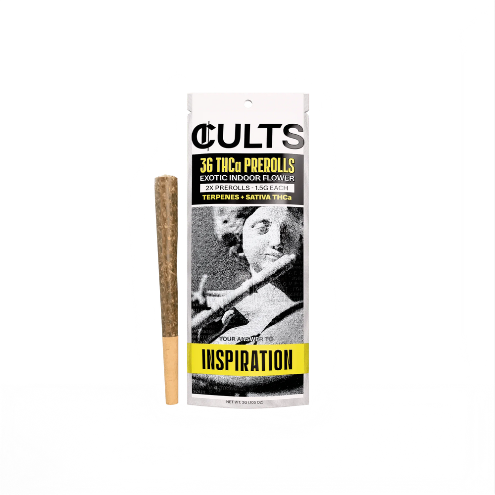 CULTS 3G THCa prerolls 2-pack with INSPIRATION label and artistic monochrome packaging