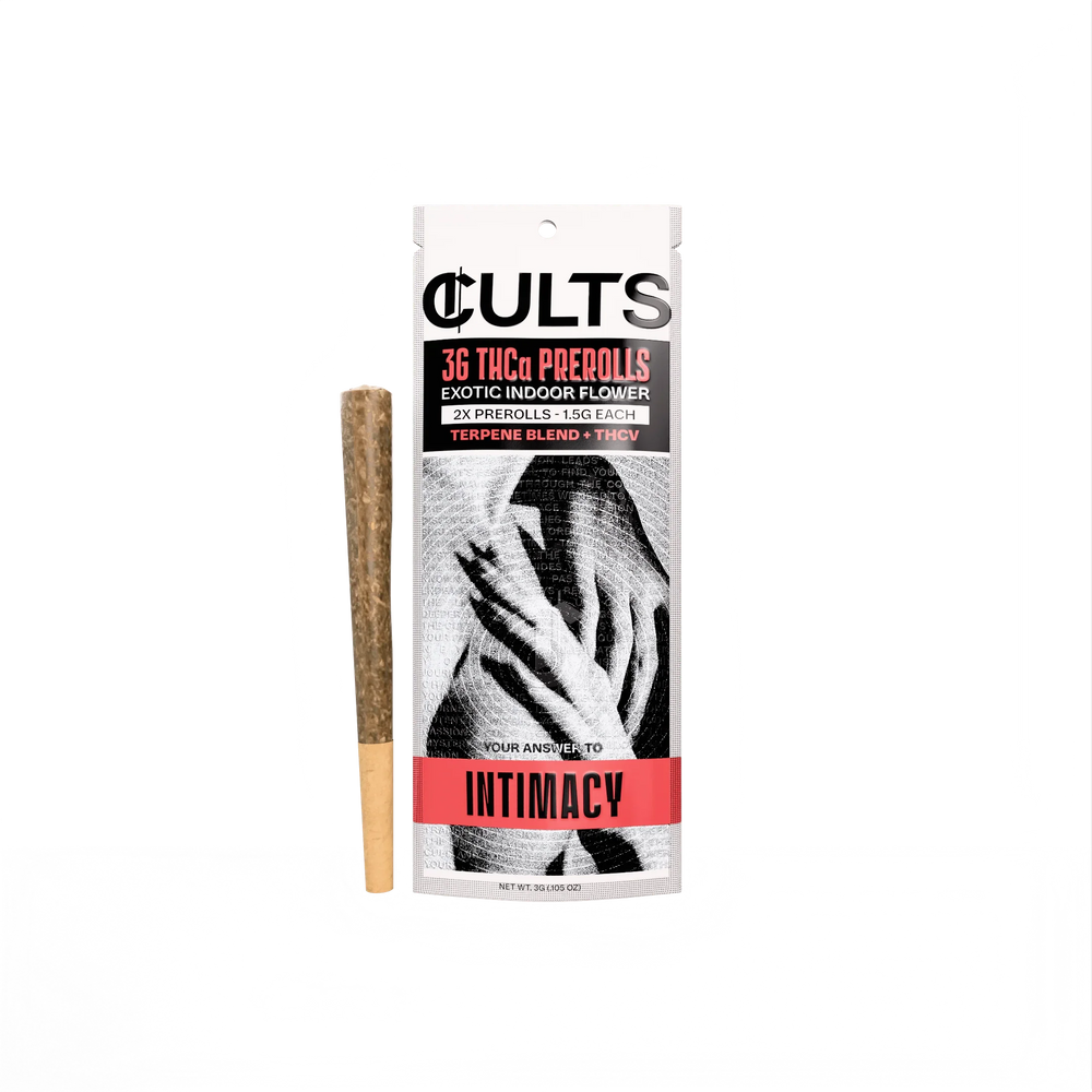 CULTS 3G THCa prerolls 2-pack with hands art, labeled Intimacy, exotic indoor flower