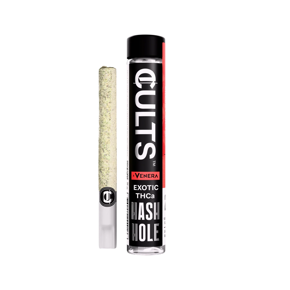 CULTS Exotic THCa Hash Hole preroll and branded glass tube packaging on black background