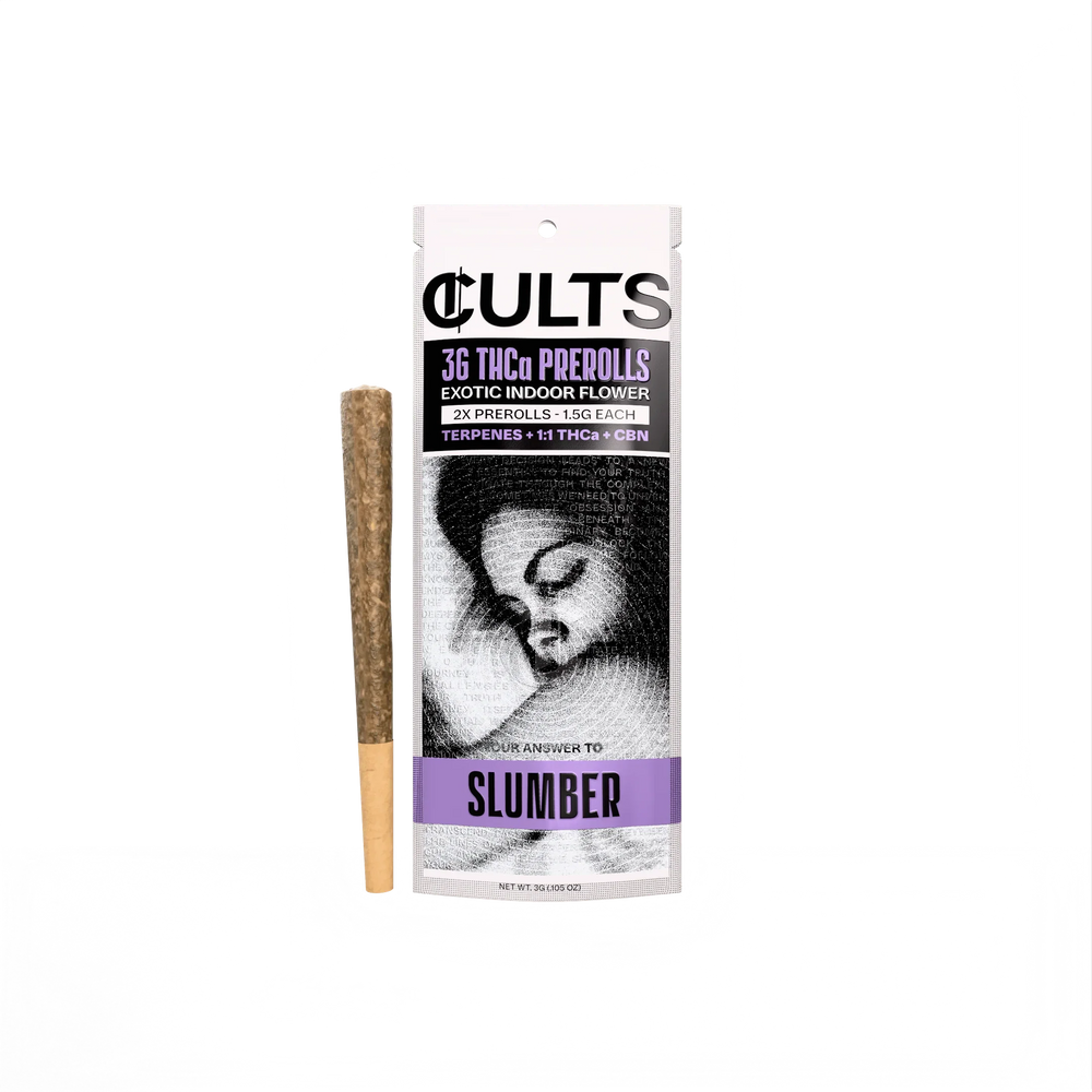 CULTS 3G THCa prerolls 2-pack sleep blend with illustrated sleeping figure, black background