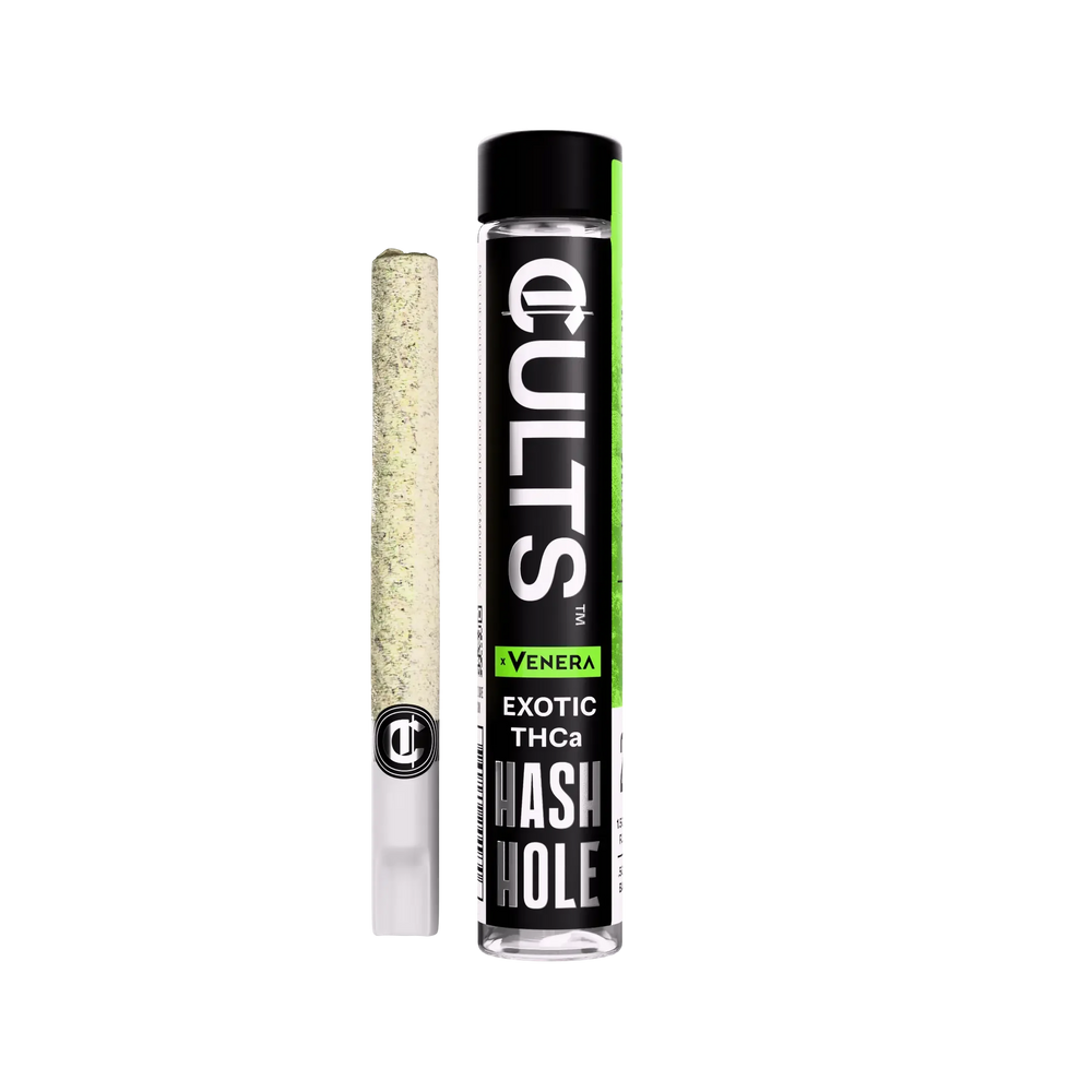 CULTS Venera Exotic THCa Hash Hole pre-roll and packaging on black background