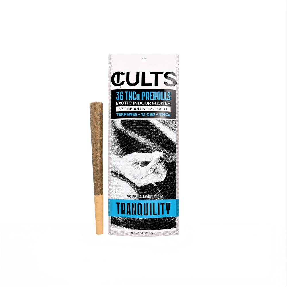 CULTS 3G THCa prerolls 2-pack Tranquility with one pre-rolled joint, cannabis product