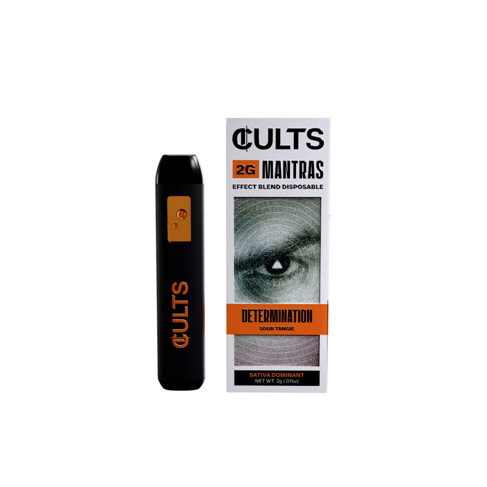 CULTS 2G Mantras Determination disposable vape and packaging with eye graphic