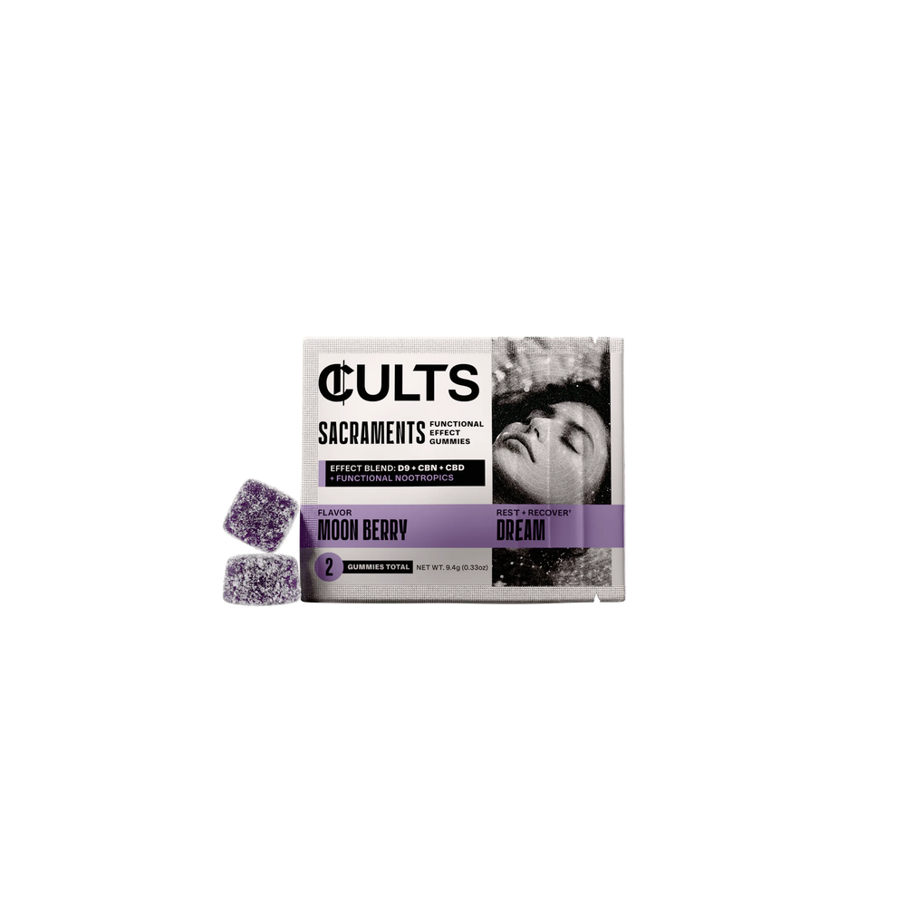 CULTS Sacraments Dream Moon Berry gummies pack with two purple gummies, sleep aid supplement