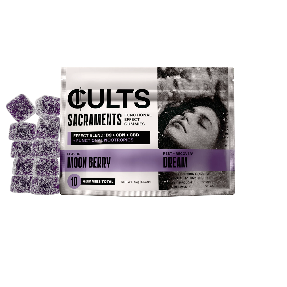 CULTS Sacraments Moon Berry Dream gummies bag with purple sugar-coated gummies