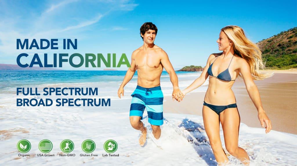 Couple on California beach, holding hands in swimwear with wellness product icons and text.