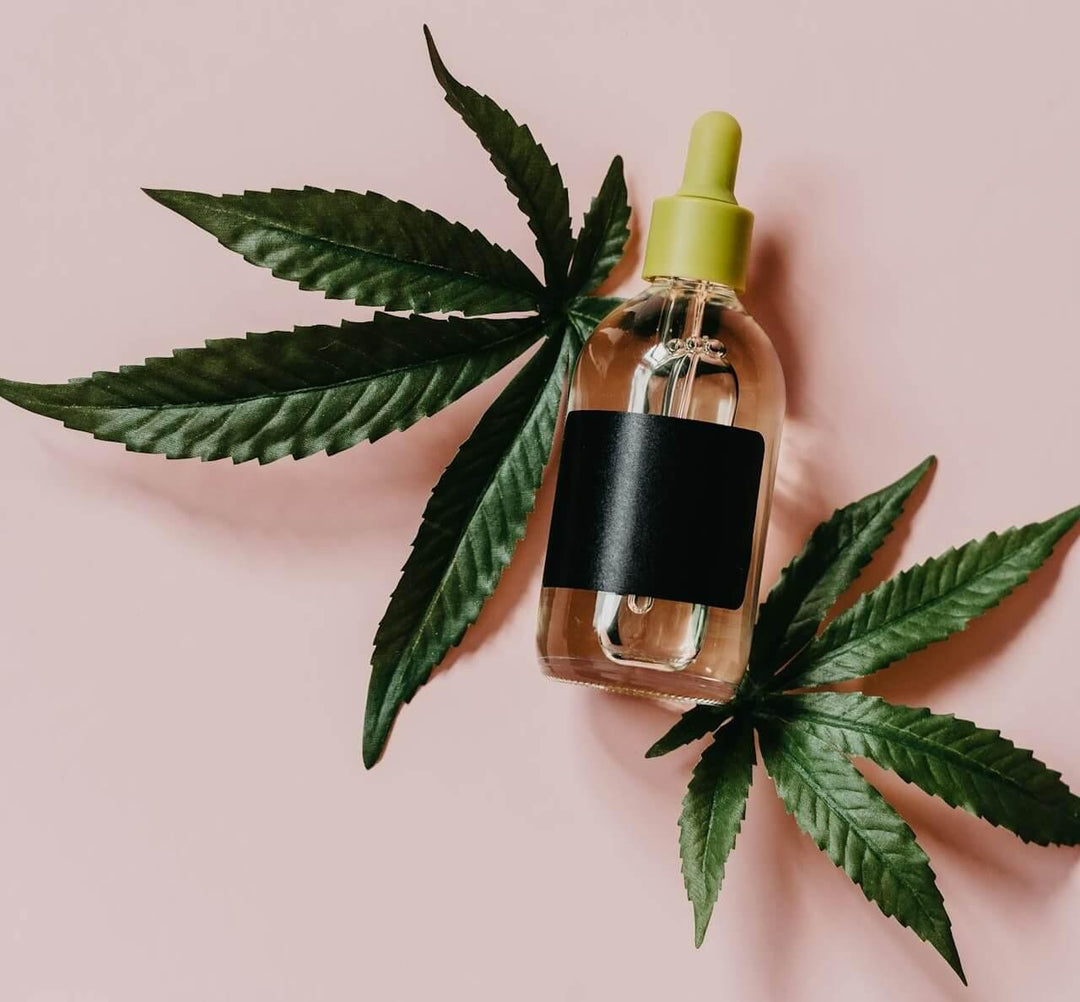 CBG oil dropper bottle with cannabis leaves on pink background