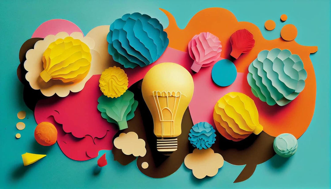 Colorful paper art light bulb and abstract shapes, creative art ideas inspiration
