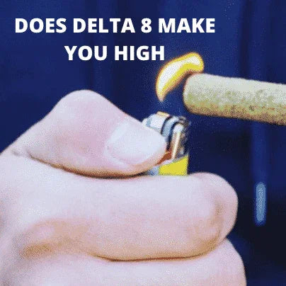 Hand lighting a blunt with a lighter, text says 'Does Delta 8 make you high'.