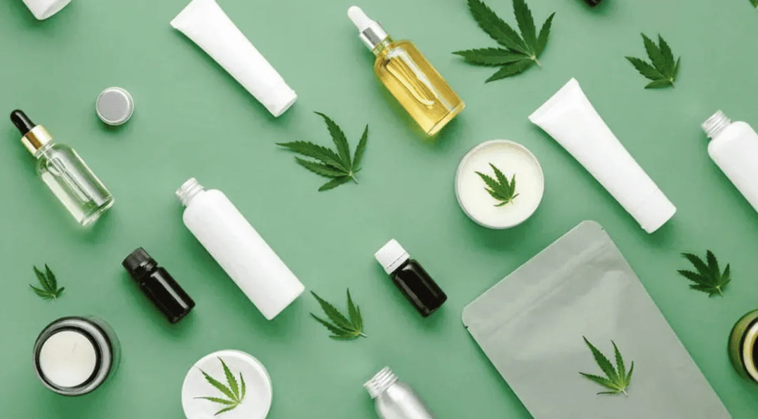 Cannabis skincare and CBD oil products with hemp leaves on green background