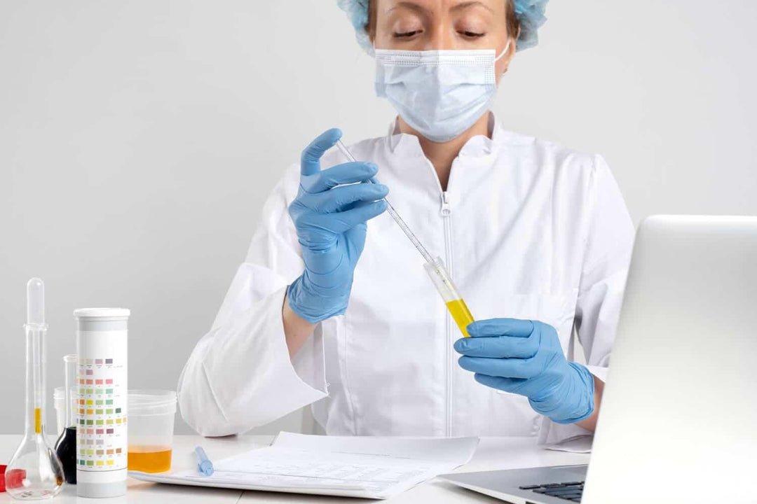 Lab technician testing yellow liquid for Delta 9 THC with test tubes and laptop