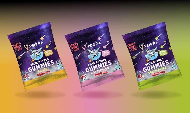 Venera Delta 8 THC gummies packages in mango, watermelon, and green apple flavors on gradient background