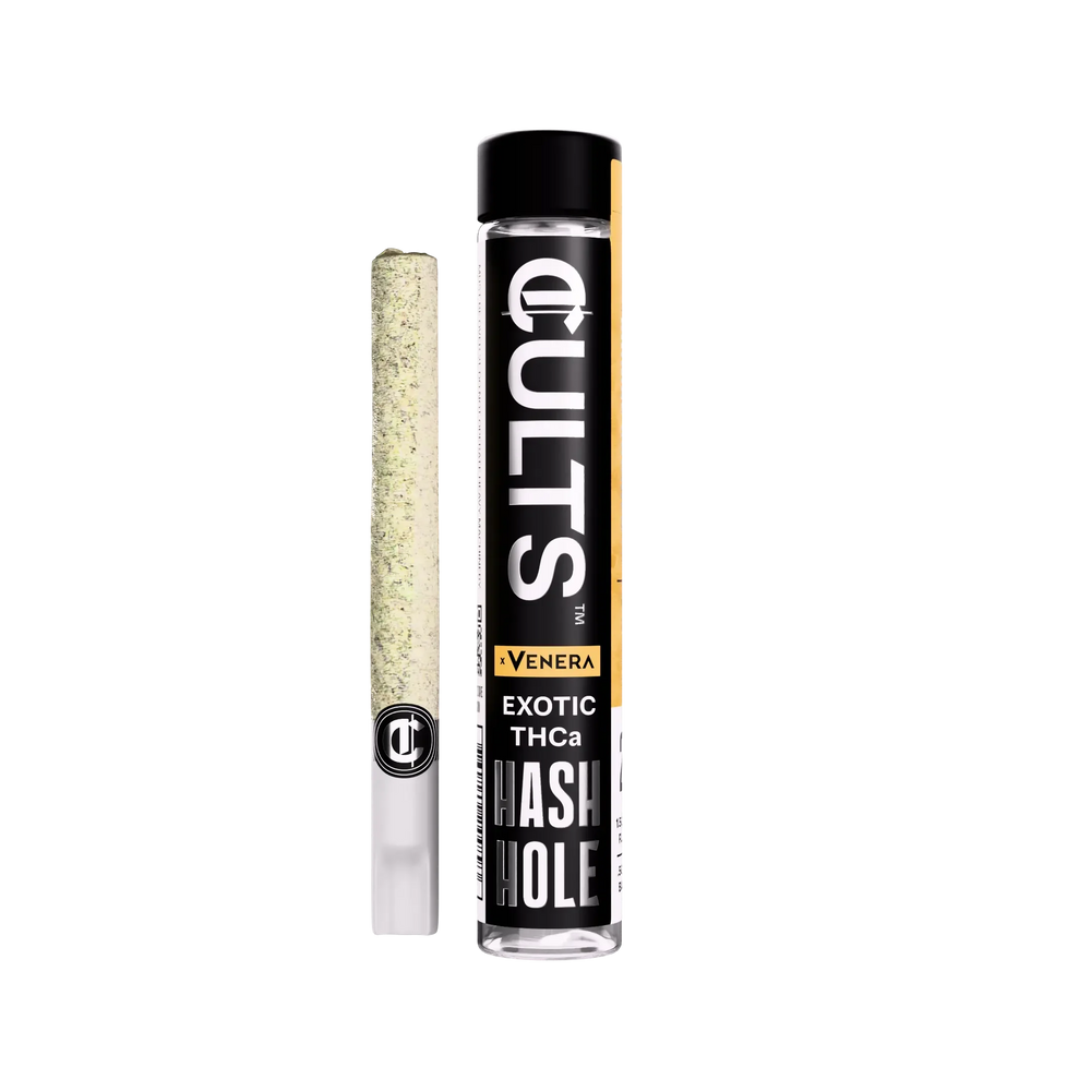 Cult's Venera Exotic THCa Hash Hole pre-roll and branded container on black background