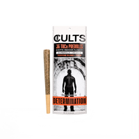 CULTS 3G THCa prerolls 2-pack with Determination branding and one preroll on black background
