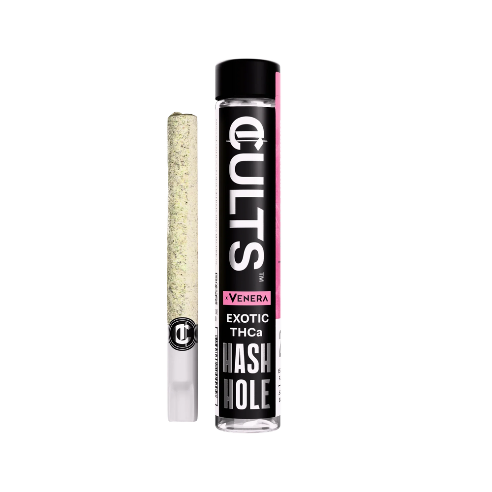 Cult Hash Hole Exotic THCa pre-roll and clear branded tube on black background.