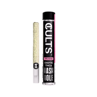 Cult Hash Hole Exotic THCa pre-roll and clear branded tube on black background.
