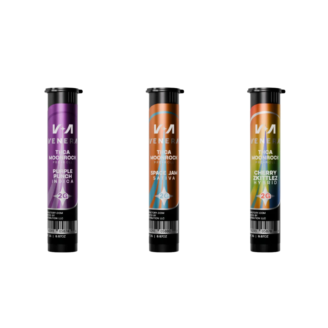 Venera THCA Moonrock Pre-Rolls in Purple Punch, Space Jam, and Cherry Zkittlez flavors