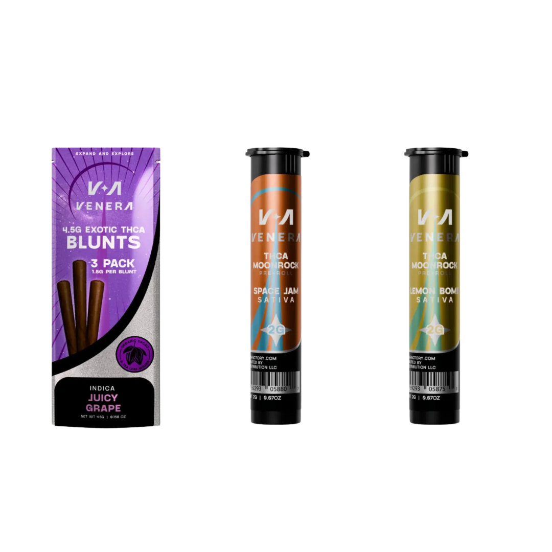 Venera THCA blunts Juicy Grape pack, Space Jam and Lemon Bomb THCA moonrock prerolls