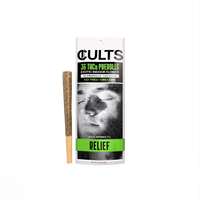 Cults pre-roll packaging with a pre-roll and rolling paper on a green and black textured background