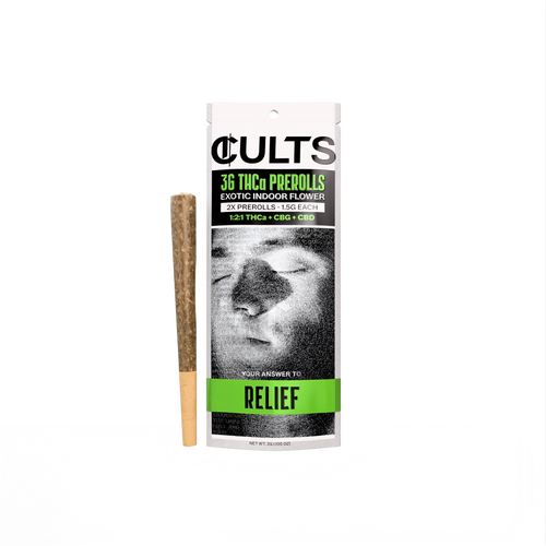 Cults pre-roll packaging with a pre-roll and rolling paper on a green and black textured background