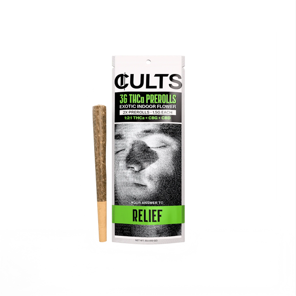Cults pre-roll packaging with a pre-roll and rolling paper on a green and black textured background