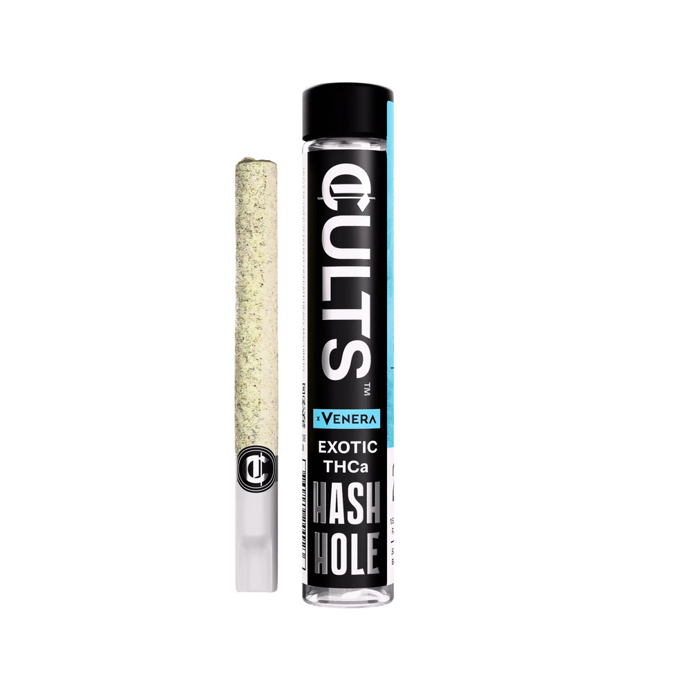 Pre-rolled joint and black tube labeled Cults Exotic THCa Hash Hole Venera on black background