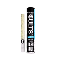 Pre-rolled joint and black tube labeled Cults Exotic THCa Hash Hole Venera on black background