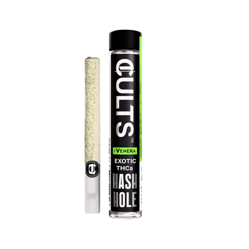 CULTS Venera Exotic THCa Hash Hole pre-roll and packaging on black background