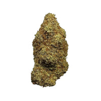 Kamikazi Green Crack cannabis bud, dense and frosty, isolated on white background