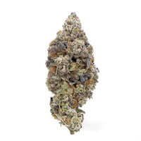 A dense, diamond-shaped dark olive green nug with pinkish amber hairs and pink-tinted white crystal trichomes, indicative of the Pink Sugar THCA Hemp Flower.