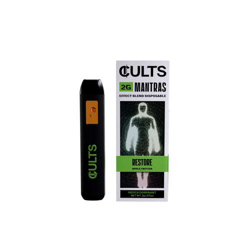 CULTS 2G Mantras Restore Apple Fritter disposable vape and packaging on black background