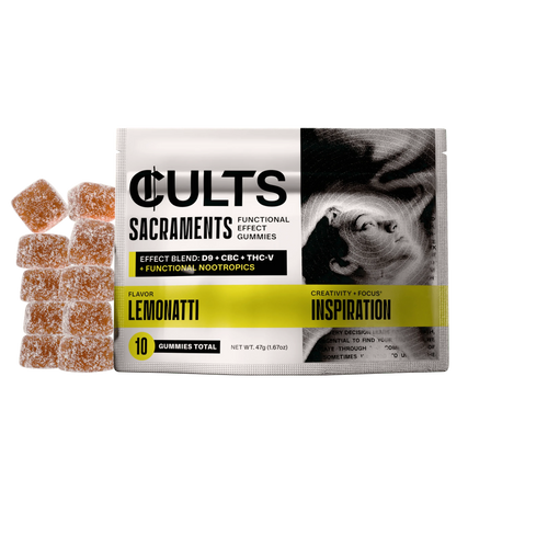 CULTS Sacraments Lemonatti Inspiration gummies pouch with sugar-coated gummies beside it