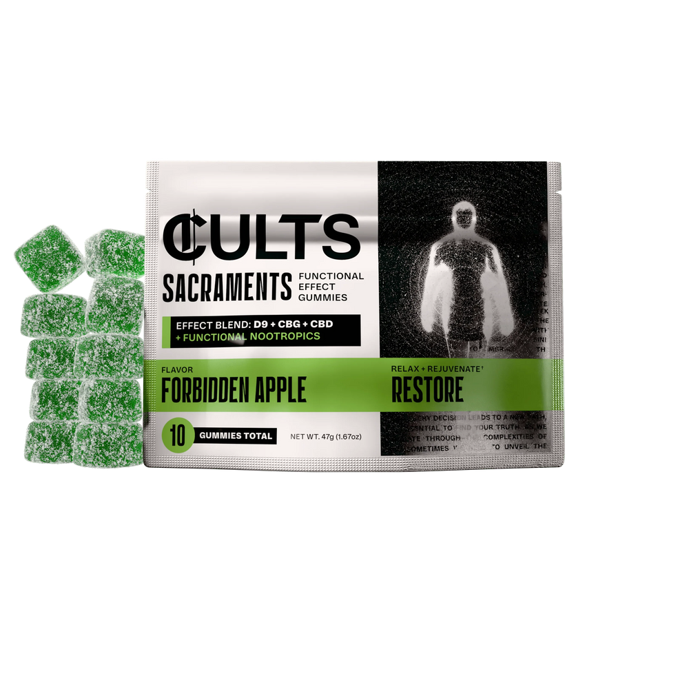 Cults Sacraments Restore Forbidden Apple gummies pack with D9, CBG, CBD and green gummies.