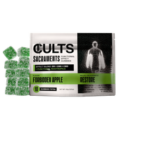 Cults Sacraments Restore Forbidden Apple gummies pack with D9, CBG, CBD and green gummies.