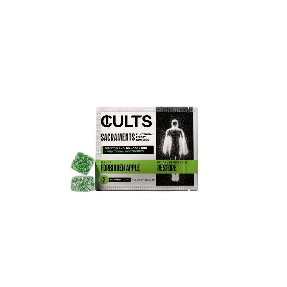 CULTS Sacraments Restore gummies, Forbidden Apple flavor, 2-pack on black background