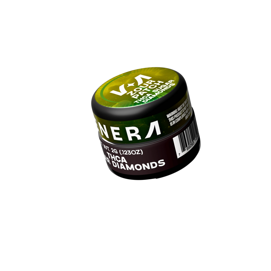 Venera THCA sugar diamonds jar labeled Sour Patch, green packaging on black background