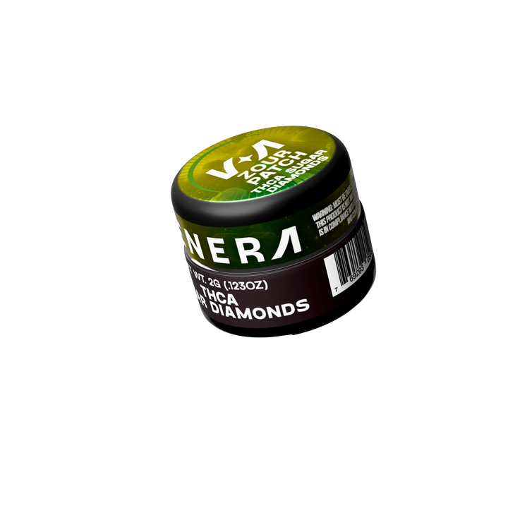 Venera THCA sugar diamonds jar labeled Sour Patch, green packaging on black background