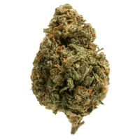 A dense, spade-shaped forest green nug of hemp flower with orange hairs and golden-white crystal trichomes.